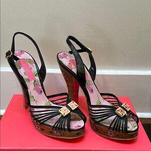 Betsey Johnson Black Strappy Heels with Gold Accent